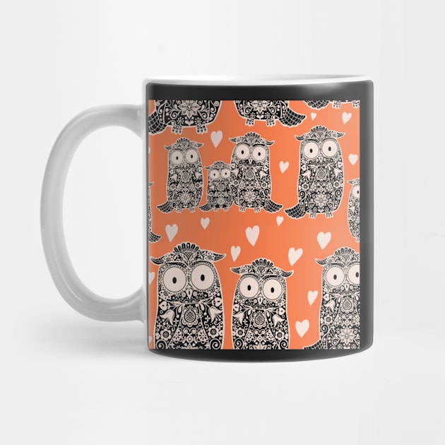 Folk Art Owls, Owlets and Hearts Pattern on Orange by NattyDesigns